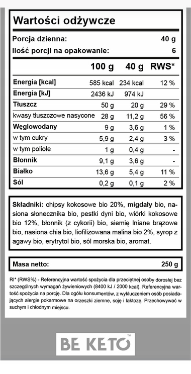 BIO KETO GRANOLA Świeża Malina 250g BeKeto - obrazek 4